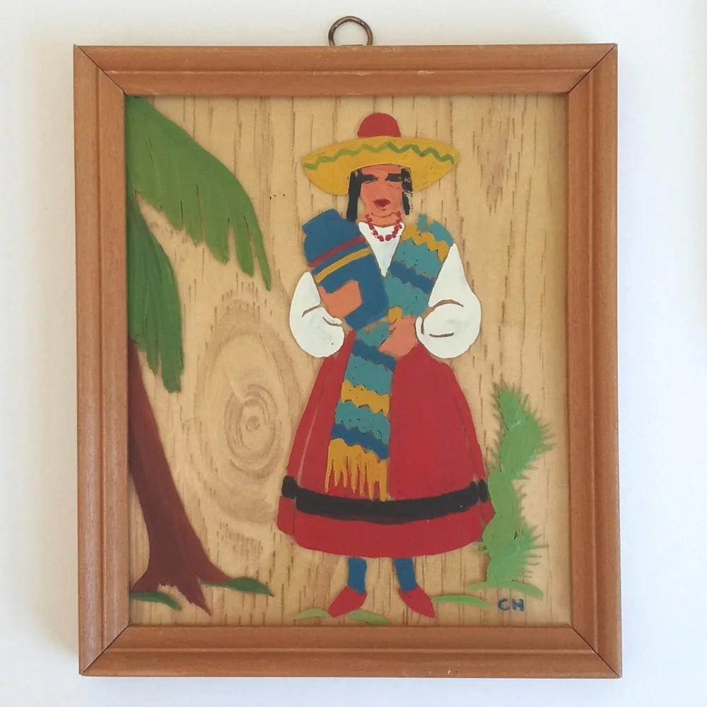 Vintage Folk Art Pair Colorful Mexican Art Mid-Century Framed Wall Art